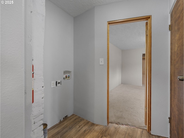 5327 SE Ogden St, Portland, OR 97206 - washroom with laundry area, wood finished floors, hookup for a washing machine, a textured ceiling, and hookup for an electric dryer