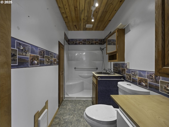5327 SE Ogden St, Portland, OR 97206 - full bathroom featuring vanity, visible vents, toilet, wooden ceiling, and a stall shower