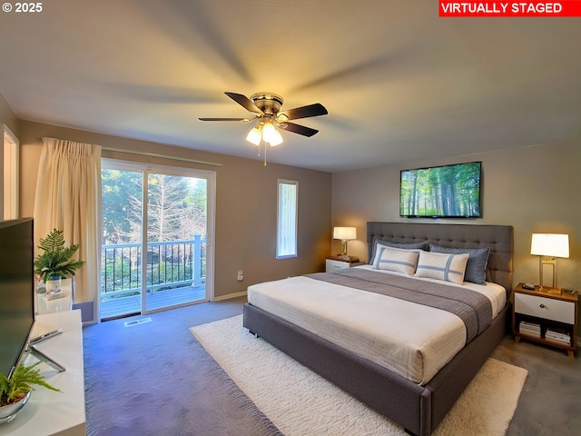 bedroom featuring carpet, access to exterior, and ceiling fan