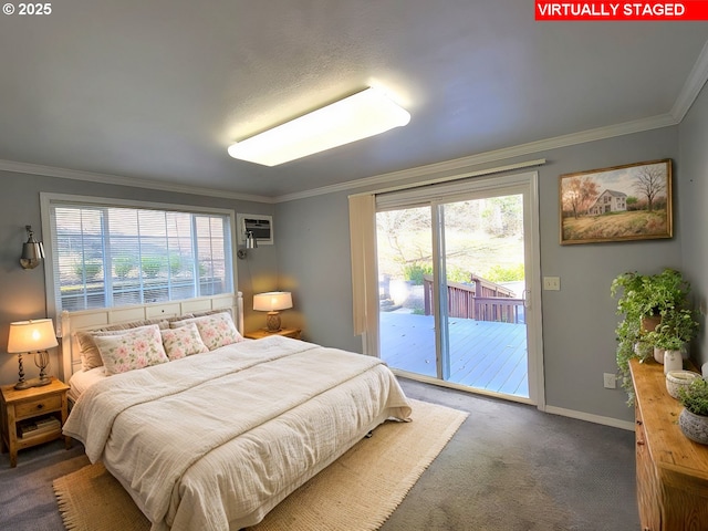 bedroom featuring crown molding, dark carpet, and multiple windows