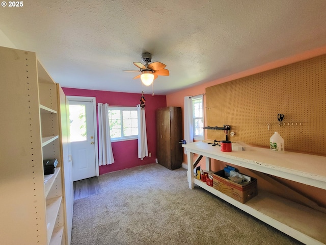 bedroom featuring ceiling fan, carpet flooring, and a textured ceiling