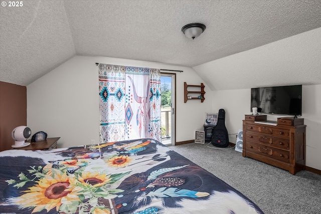7896 State Highway 38, Drain, OR 97435 - bedroom with a textured ceiling, lofted ceiling, carpet, and access to exterior