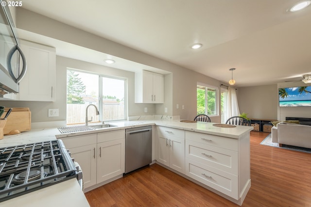 1919 SE 22nd Pl, Renton, WA 98055 - kitchen with stainless steel appliances, a sink, open floor plan, a peninsula, and light wood-style floors