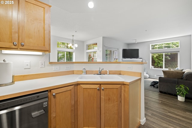 kitchen featuring stainless steel dishwasher, open floor plan, a peninsula, a sink, and dark wood-style floors