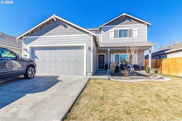 view of front facade with a porch, a garage, fence, driveway, and a front lawn