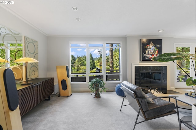 living area featuring crown molding, carpet floors, and recessed lighting