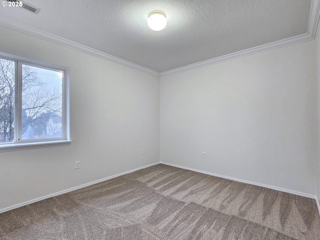 empty room with ornamental molding, carpet, and a textured ceiling