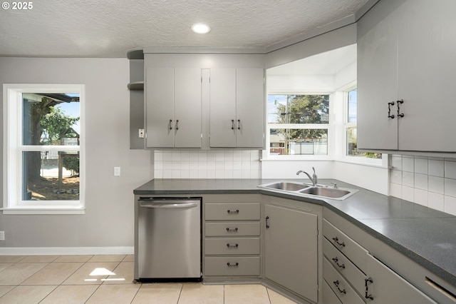 320 SE 106th Ave, Portland, OR 97216 - kitchen with dishwasher, tasteful backsplash, dark countertops, plenty of natural light, and a textured ceiling
