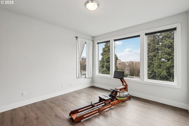 workout room featuring baseboards and wood finished floors