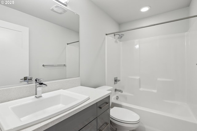 full bath with recessed lighting, visible vents, toilet, tub / shower combination, and vanity