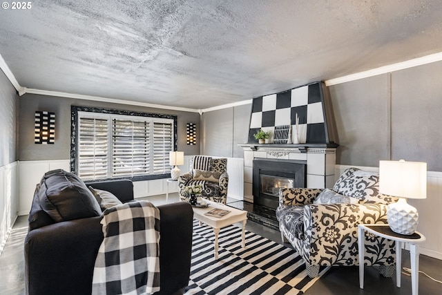 living room with ornamental molding and a textured ceiling