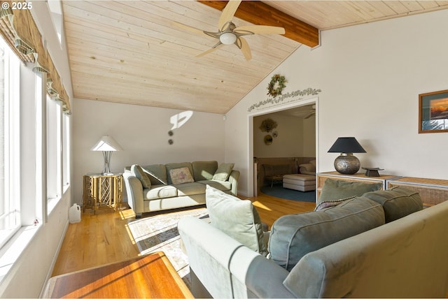 living area featuring a ceiling fan, beam ceiling, a healthy amount of sunlight, and wood ceiling