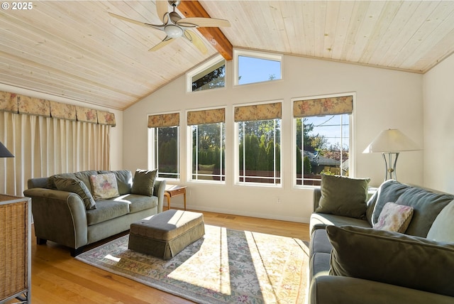living room featuring wood finished floors, baseboards, lofted ceiling with beams, wood ceiling, and a ceiling fan
