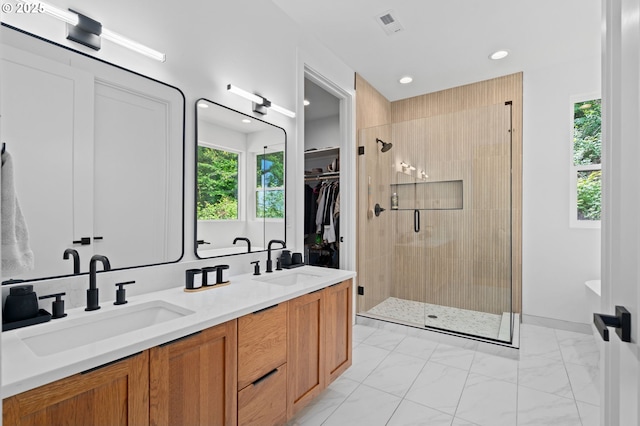 9316 NW Hardy Ave, Portland, OR 97231 - full bath featuring a stall shower, double vanity, marble finish flooring, recessed lighting, and a soaking tub