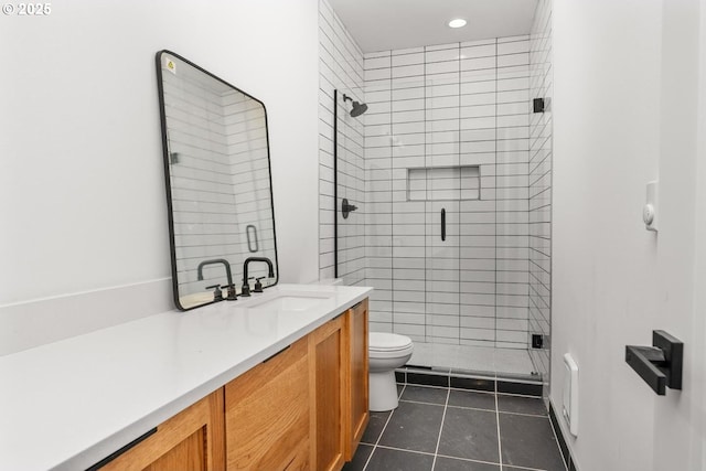 full bathroom featuring tile patterned flooring, a shower stall, vanity, toilet, and recessed lighting