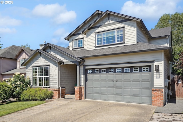 3753 NW Talamore Ter, Portland, OR 97229 - craftsman inspired home with driveway, a shingled roof, a garage, and brick siding