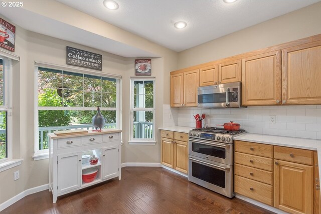 kitchen with dark wood-style flooring, appliances with stainless steel finishes, light countertops, baseboards, and tasteful backsplash