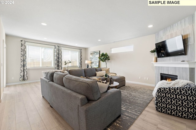 living room featuring a healthy amount of sunlight, a fireplace, and light hardwood / wood-style floors