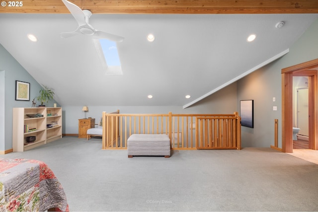 9180 Windward Ln, Manzanita, OR 97130 - bedroom with lofted ceiling, a skylight, carpet, recessed lighting, and a ceiling fan