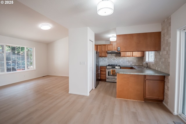 kitchen featuring brown cabinets, light wood-style flooring, under cabinet range hood, appliances with stainless steel finishes, and tasteful backsplash