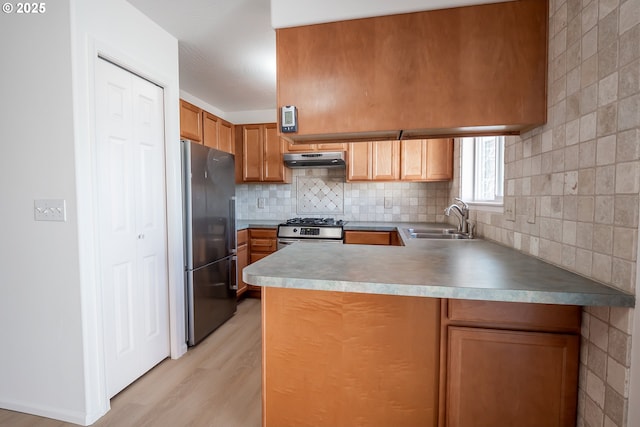 kitchen with a peninsula, a sink, under cabinet range hood, appliances with stainless steel finishes, and tasteful backsplash