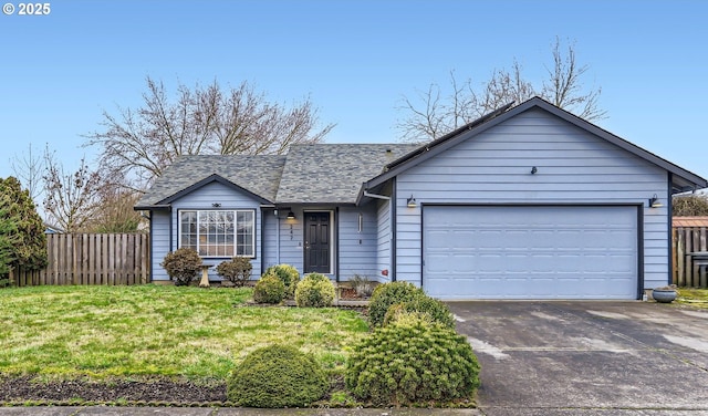 ranch-style house with a shingled roof, concrete driveway, an attached garage, a front yard, and fence