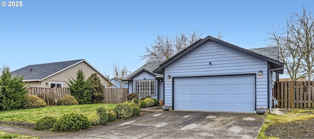 ranch-style home with concrete driveway, fence, and an attached garage