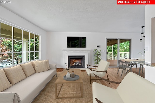 living area featuring a textured ceiling, a fireplace with flush hearth, a wealth of natural light, and wood finished floors