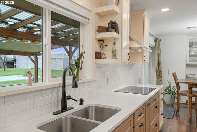 30596 Horseshoe Dr, Albany, OR 97321 - kitchen featuring backsplash, open shelves, a sink, and black electric cooktop
