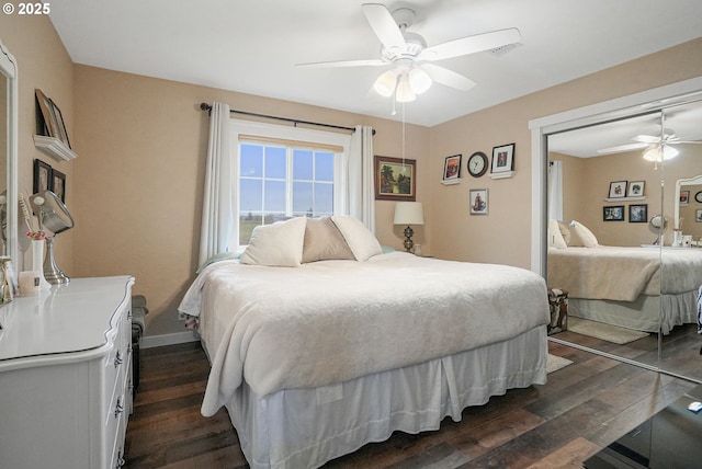 30596 Horseshoe Dr, Albany, OR 97321 - bedroom with a closet, a ceiling fan, and dark wood-style floors
