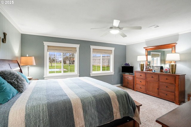 30596 Horseshoe Dr, Albany, OR 97321 - bedroom featuring light colored carpet, ornamental molding, and visible vents