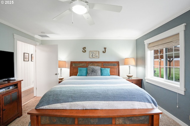 30596 Horseshoe Dr, Albany, OR 97321 - carpeted bedroom featuring a ceiling fan, baseboards, and crown molding