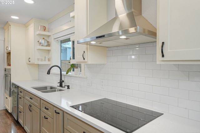 30596 Horseshoe Dr, Albany, OR 97321 - kitchen featuring open shelves, a sink, stainless steel oven, black electric cooktop, and wall chimney exhaust hood