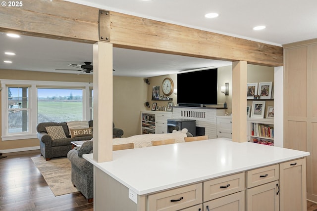 30596 Horseshoe Dr, Albany, OR 97321 - kitchen featuring open floor plan, a ceiling fan, recessed lighting, and dark wood finished floors