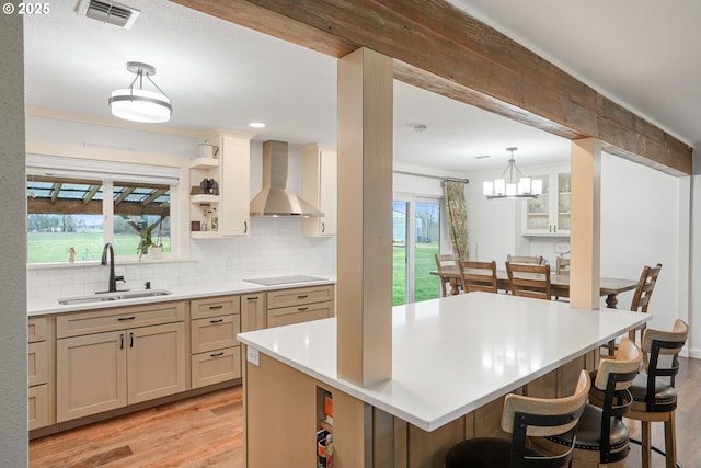 30596 Horseshoe Dr, Albany, OR 97321 - kitchen with wall chimney exhaust hood, a sink, visible vents, open shelves, and black electric stovetop
