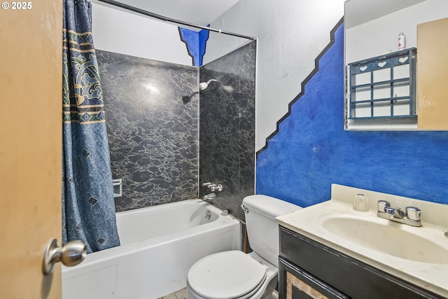 bathroom with toilet, shower / bath combination with curtain, vanity, and a textured wall