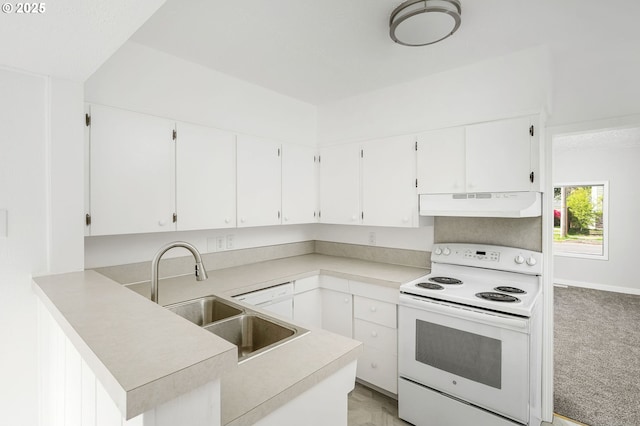 kitchen with white cabinets, white range with electric stovetop, a sink, light countertops, and under cabinet range hood