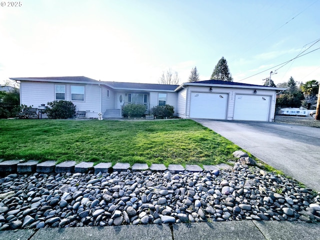 ranch-style house featuring aphalt driveway, a garage, and a front lawn