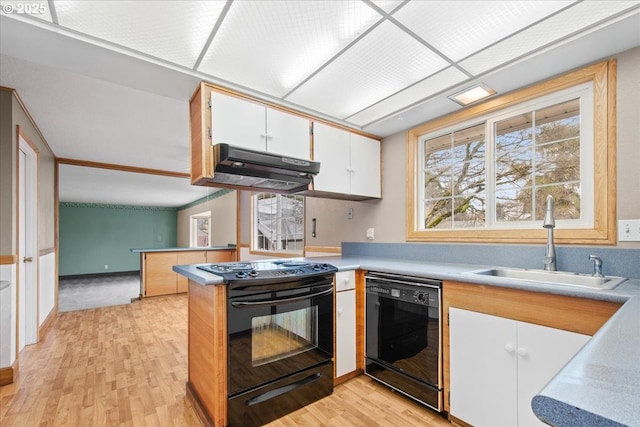 kitchen featuring light wood finished floors, a sink, black appliances, under cabinet range hood, and white cabinetry