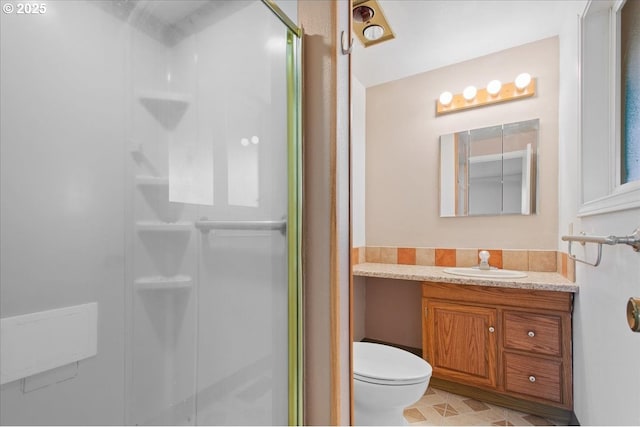 full bath with toilet, a stall shower, and vanity