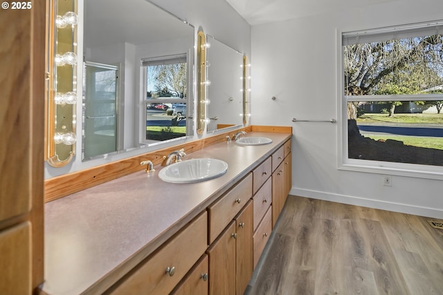 bathroom with vanity and hardwood / wood-style floors