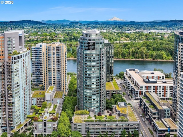 bird's eye view with a water and mountain view