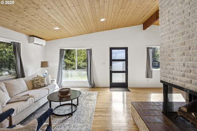 living area with vaulted ceiling, a wall mounted air conditioner, wooden ceiling, light wood finished floors, and recessed lighting