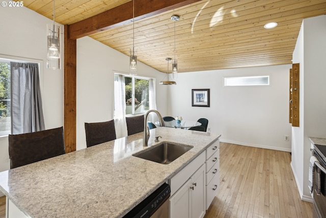 kitchen with a sink, wood ceiling, plenty of natural light, and light wood finished floors