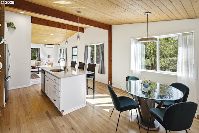 kitchen featuring a sink, white cabinets, appliances with stainless steel finishes, decorative light fixtures, and wooden ceiling
