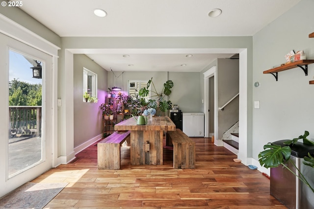 1612 12th St, Oregon City, OR 97045 - dining space featuring stairs, light wood finished floors, and recessed lighting