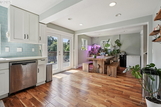 1612 12th St, Oregon City, OR 97045 - kitchen featuring dishwasher, light countertops, french doors, light wood-style flooring, and white cabinets