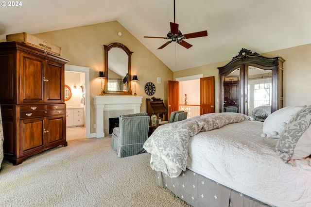 bedroom featuring light carpet, a fireplace, high vaulted ceiling, and ceiling fan