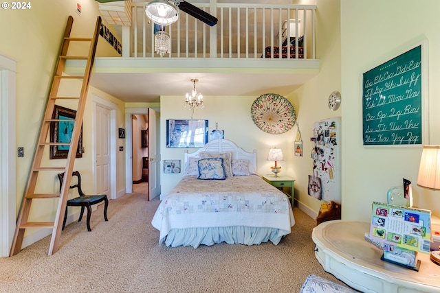 carpeted bedroom with baseboards, a notable chandelier, and a high ceiling