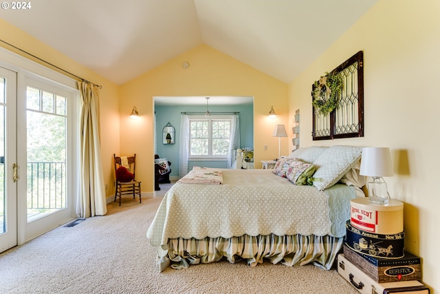 bedroom with vaulted ceiling, carpet flooring, baseboards, access to exterior, and visible vents